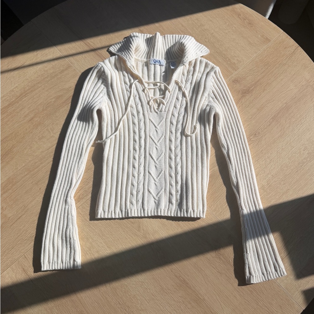 Vintage Cozy Lace-Up Cable Knit Sweater Hoodie - Cream - Picture 4 of 4